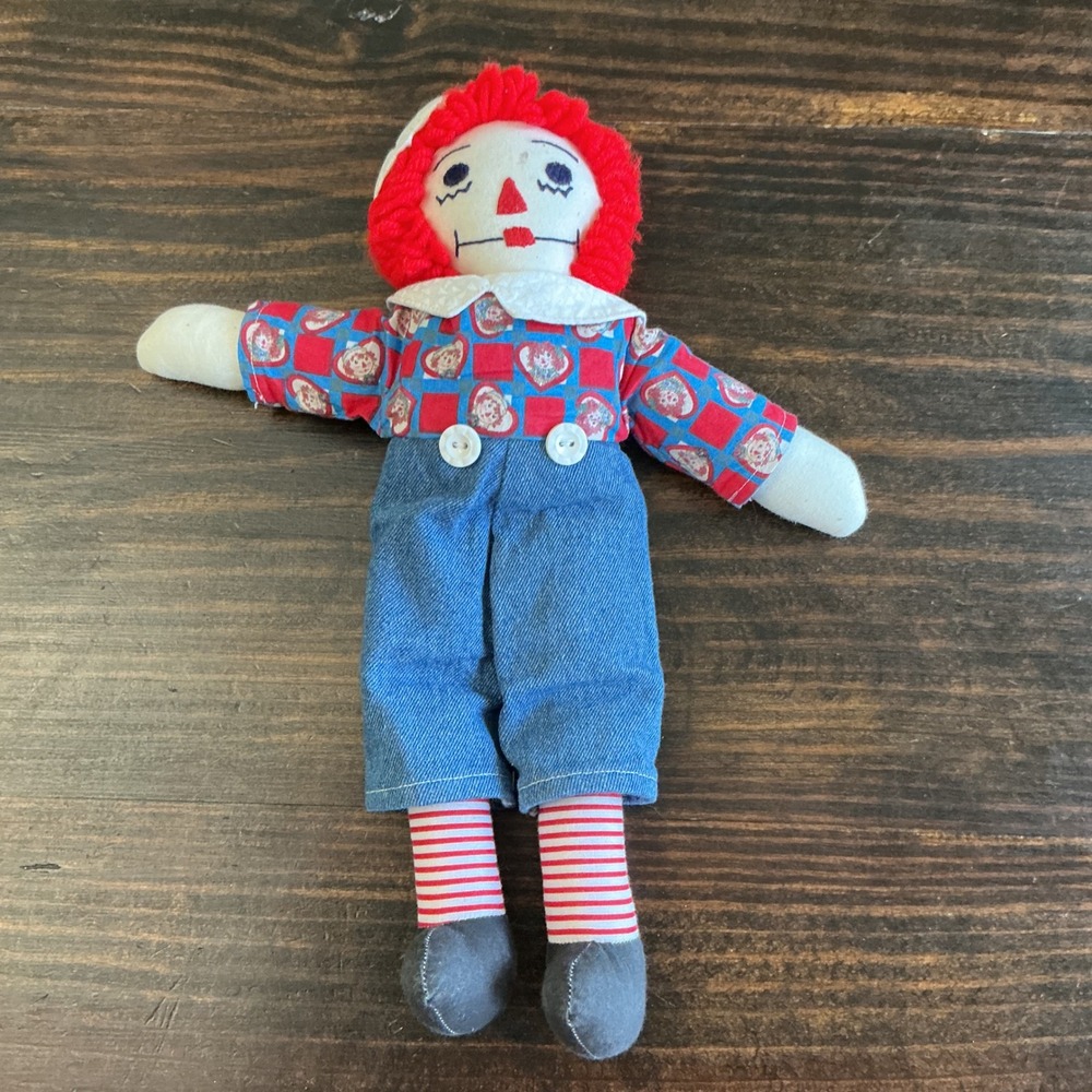 Handmade Raggedy Andy Plush Doll Dolly Fox 2012 Red Yarn Hair Denim 13"